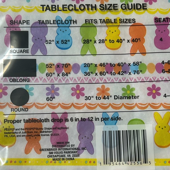 PEEPS by Just Born Wipe CleanTablecloth Square 52”x52” New in Package - Picture 5 of 5